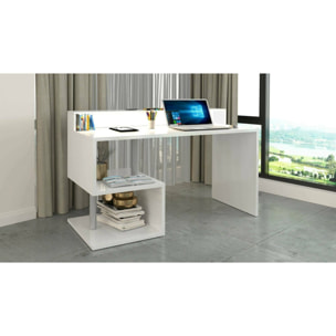 Scrivania Yemyin, Scrittoio lineare con ripiani portaoggetti e luci LED, Scrivania ufficio multiuso con sopralzo, 140x60h93 cm, Bianco
