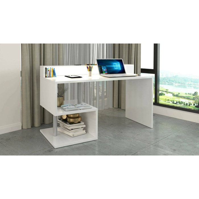 Scrivania Yemyin, Scrittoio lineare con ripiani portaoggetti e luci LED, Scrivania ufficio multiuso con sopralzo, 140x60h93 cm, Bianco