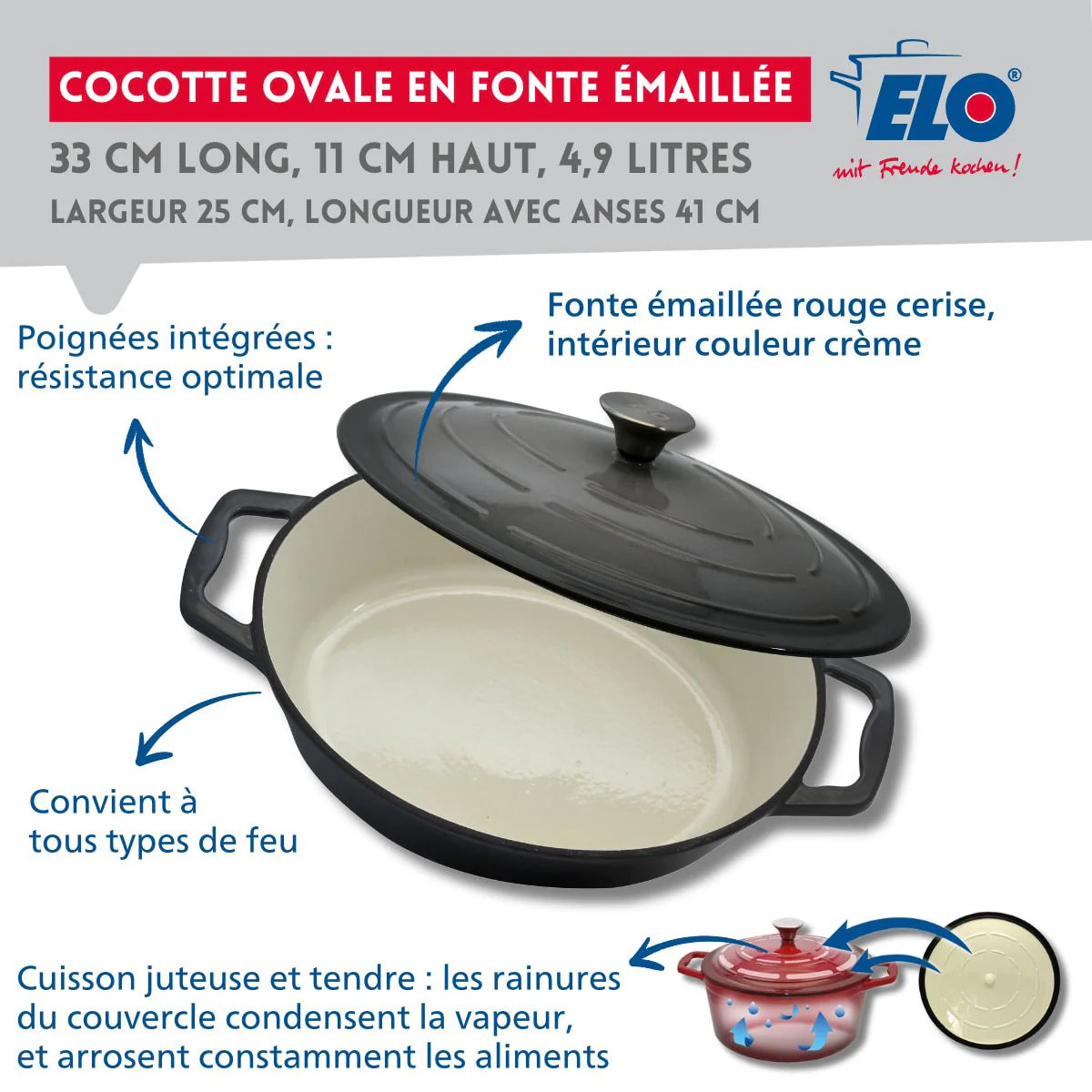 Cocotte ovale en fonte émaillée 33 cm gris classique 5 L Elo