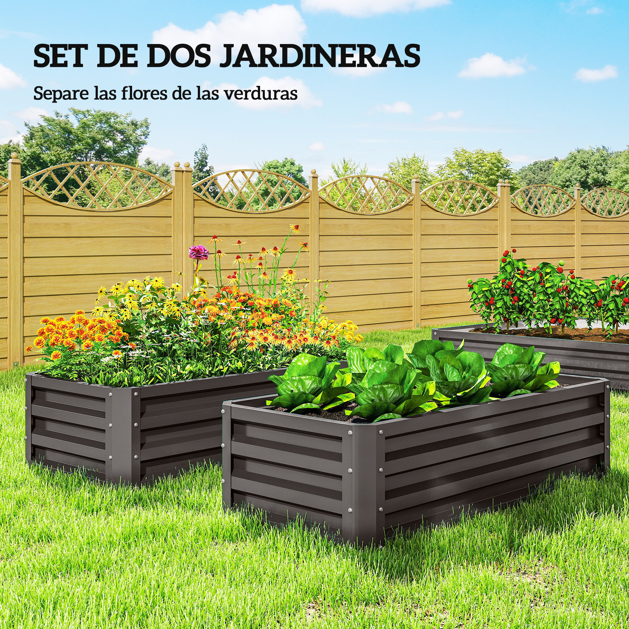 Juego de 2 Jardineras Exterior Grandes de Acero Galvanizado, Huertos Urbanos, Maceteros Exterior Elevados para Plantas, Flores, Terraza, Jardín, Resistente a la Intemperie, 110x50x30 cm, Gris