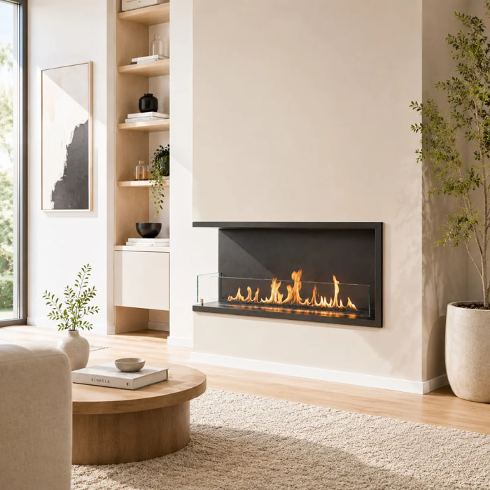 Urano 120 - Camino a Bioetanolo da Incasso Angolare Sinistro 120x50x30 cm con Bruciatore 3lt in Acciaio