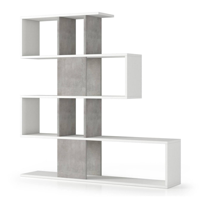 Libreria Hoya, Biblioteca bifacciali a 5 ripiani, Scaffale a zig zag per libri, Mobile da parete con ripiani, 100% Made in Italy, Cm 145x29h145, Bianco e Cemento