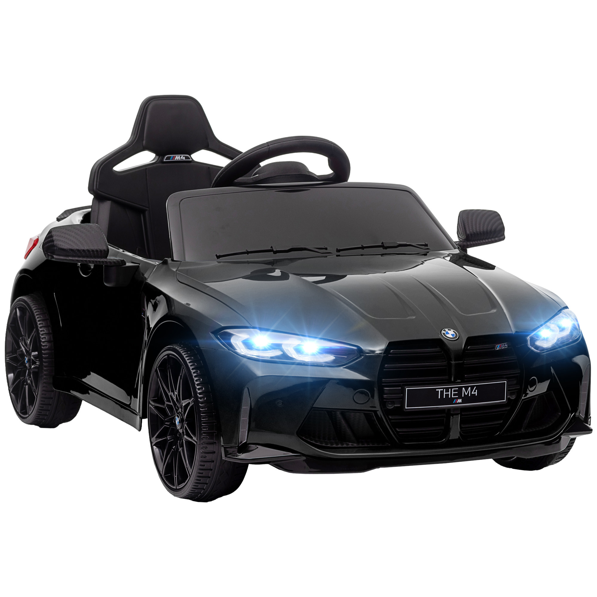 Coche Eléctrico para Niños12V BMW M4 Coche de Batería para Niños con Mando a Distancia Faros Bocina Música Velocidad 3-5 km/h Marcha Adelante y Atrás Cinturón de Seguridad Negro
