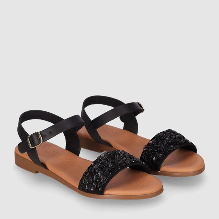 Sandalias de Piel - Negro - Tacón: Bajo
