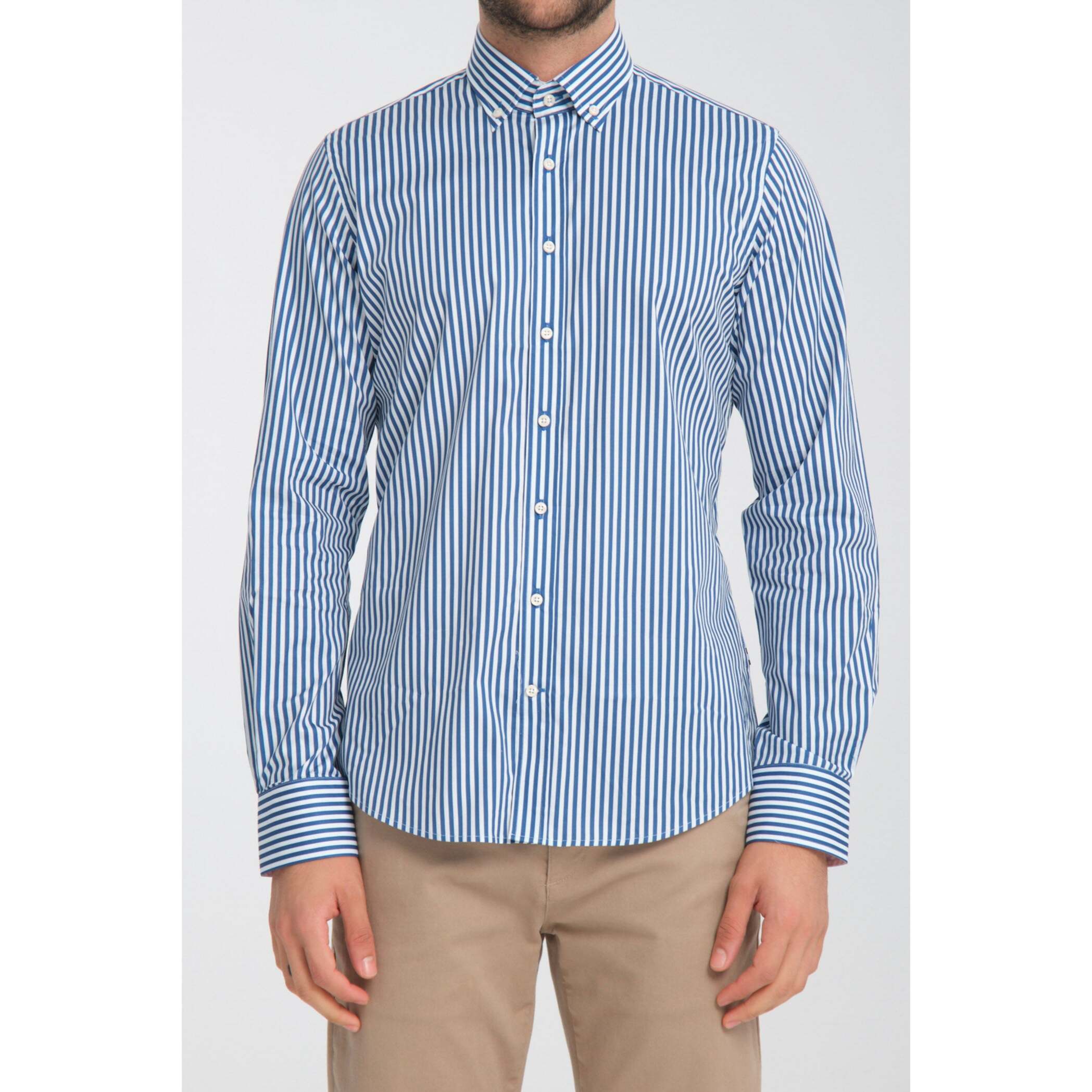 camicia uomo 1 bottone button down slim Popeline Stretch Riga Media Bianco Blu Avion