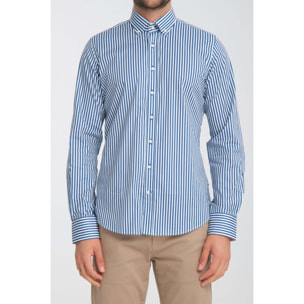 camicia uomo 1 bottone button down slim Popeline Stretch Riga Media Bianco Blu Avion