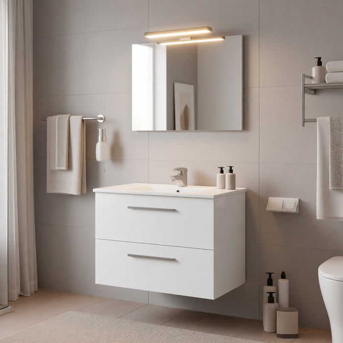 Mobile Mobiletto Bagno Sospeso Con 2 Cassettoni Lavabo in Ceramica Monoforo Con Troppopieno E Specchio Con Led Da 30 Cm 80 x 45 x 57 Cm Colore Bianco