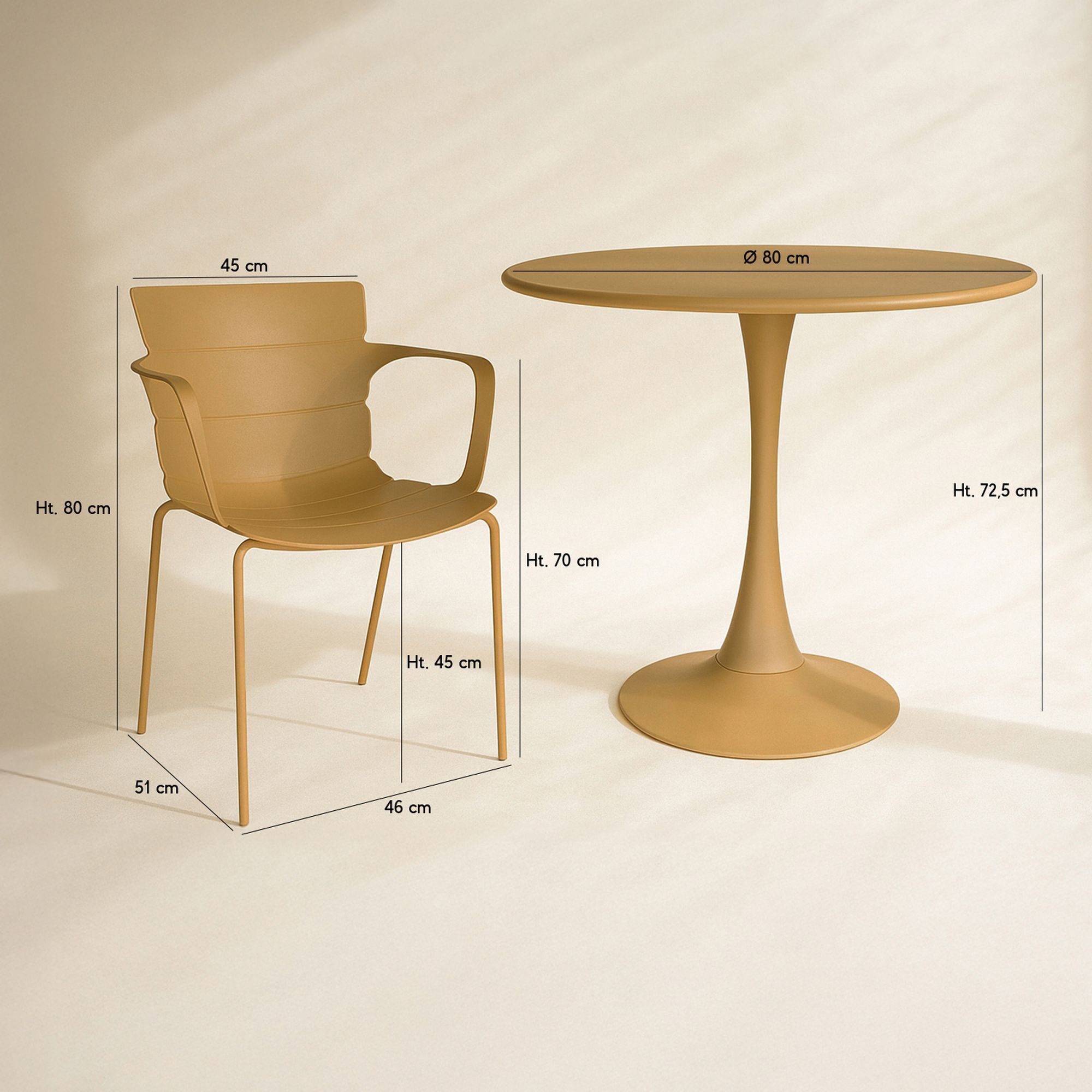 Ensemble de repas table et 4 fauteuils en polypropylène ocre MONTAUK