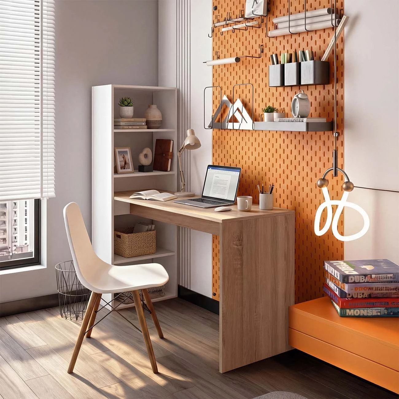 Mesa de escritorio con estantería en blanco artik y roble canadian 120x50 cm Cosmic Blanco Artik (Blanco Mate) - Roble Canadian