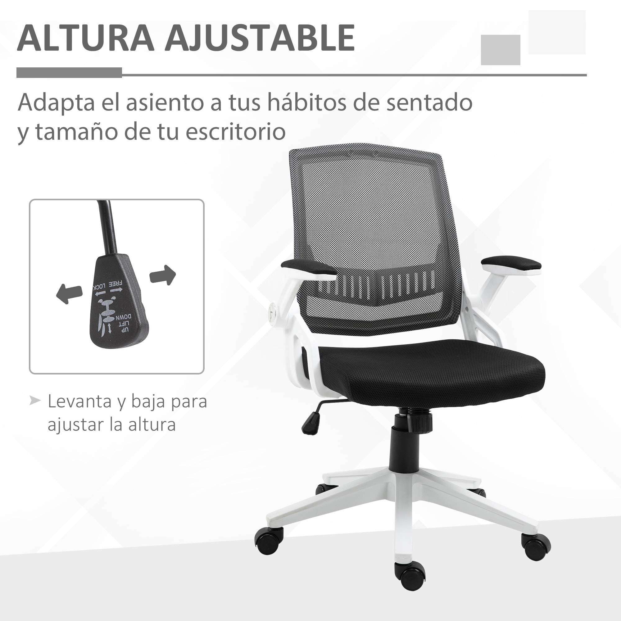 Silla de Oficina Ergonómica Silla Escritorio Giratoria Basculante con Altura Ajustable Reposabrazos Abatibles Soporte Lumbar y Respaldo Malla Transpirable 61x61x94-104 cm Negro