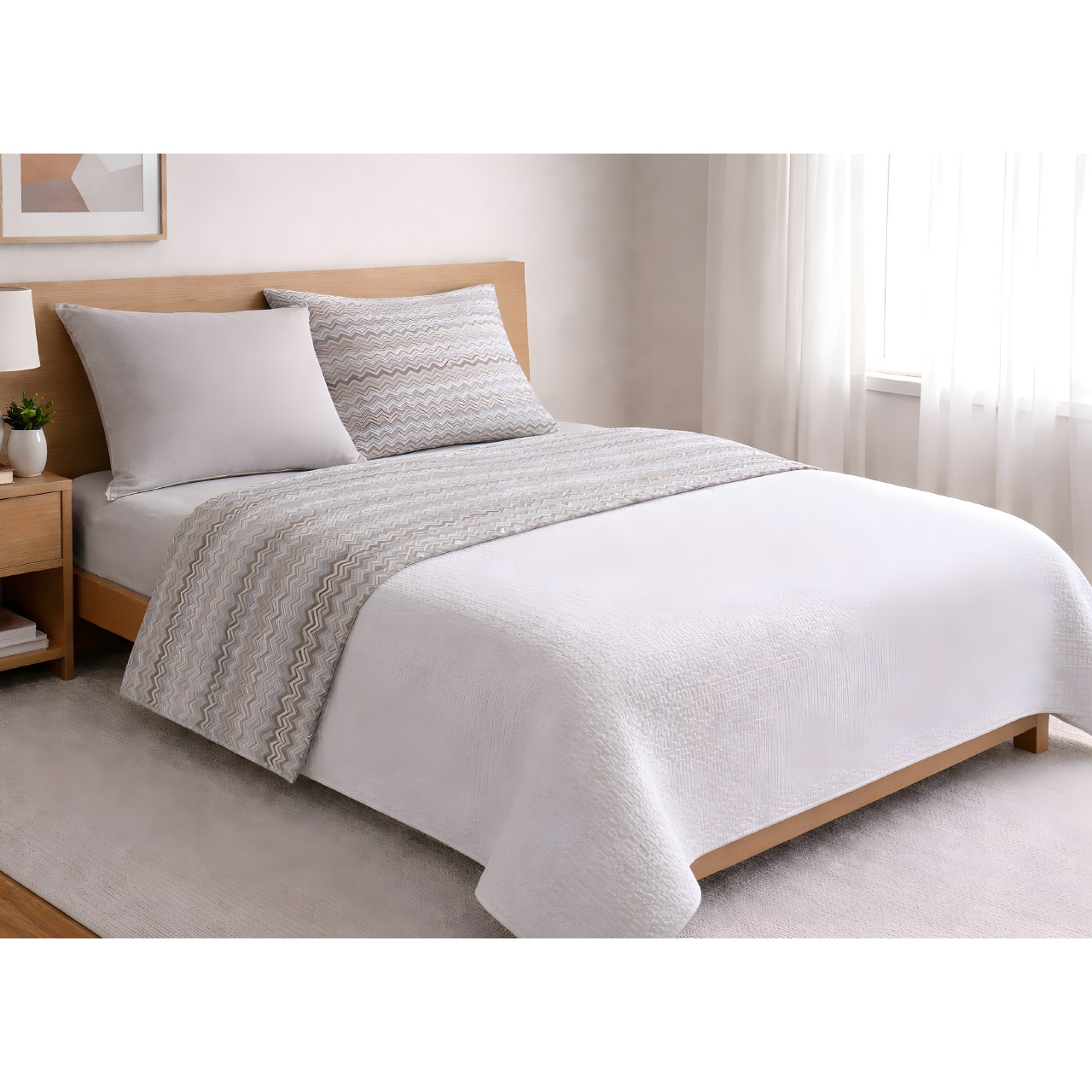 Completo Lenzuola 100% Cotone Made in Italy Fantasia Chevronne Disegno Baia Beige