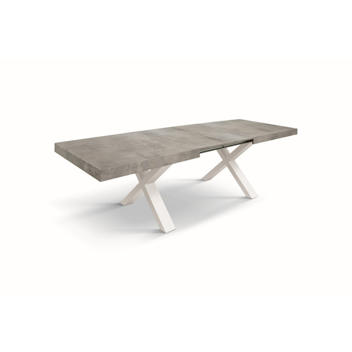 Tavolo allungabile AMALFI in legno effetto grigio cemento e gambe a X bianche, allungabile 160x90 cm - 240x90 cm