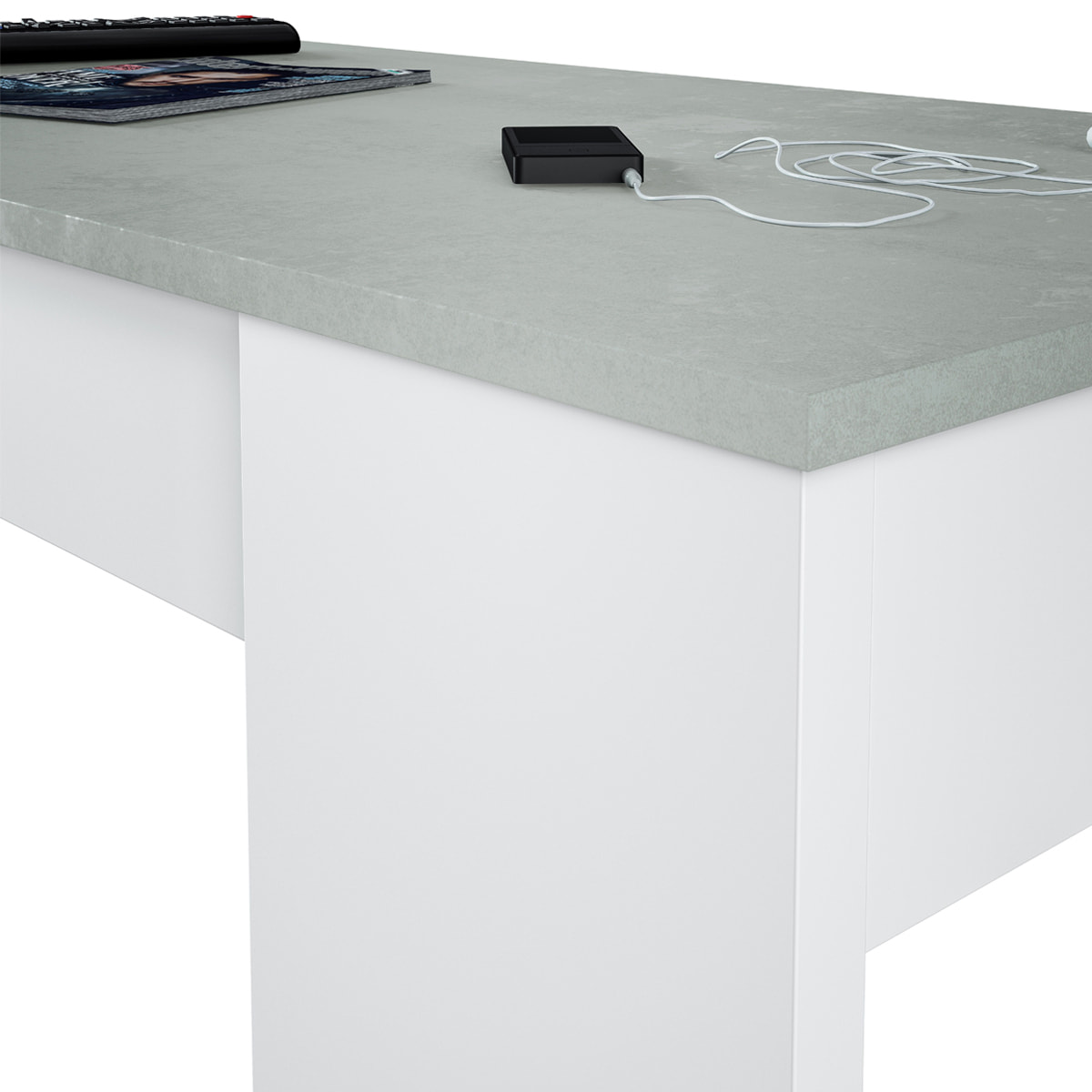 Tavolino da salotto Oceanside, Tavolino da caffè con piano elevabile, Tavolo basso da soggiorno, cm 100x50h45/56, Bianco e cemento