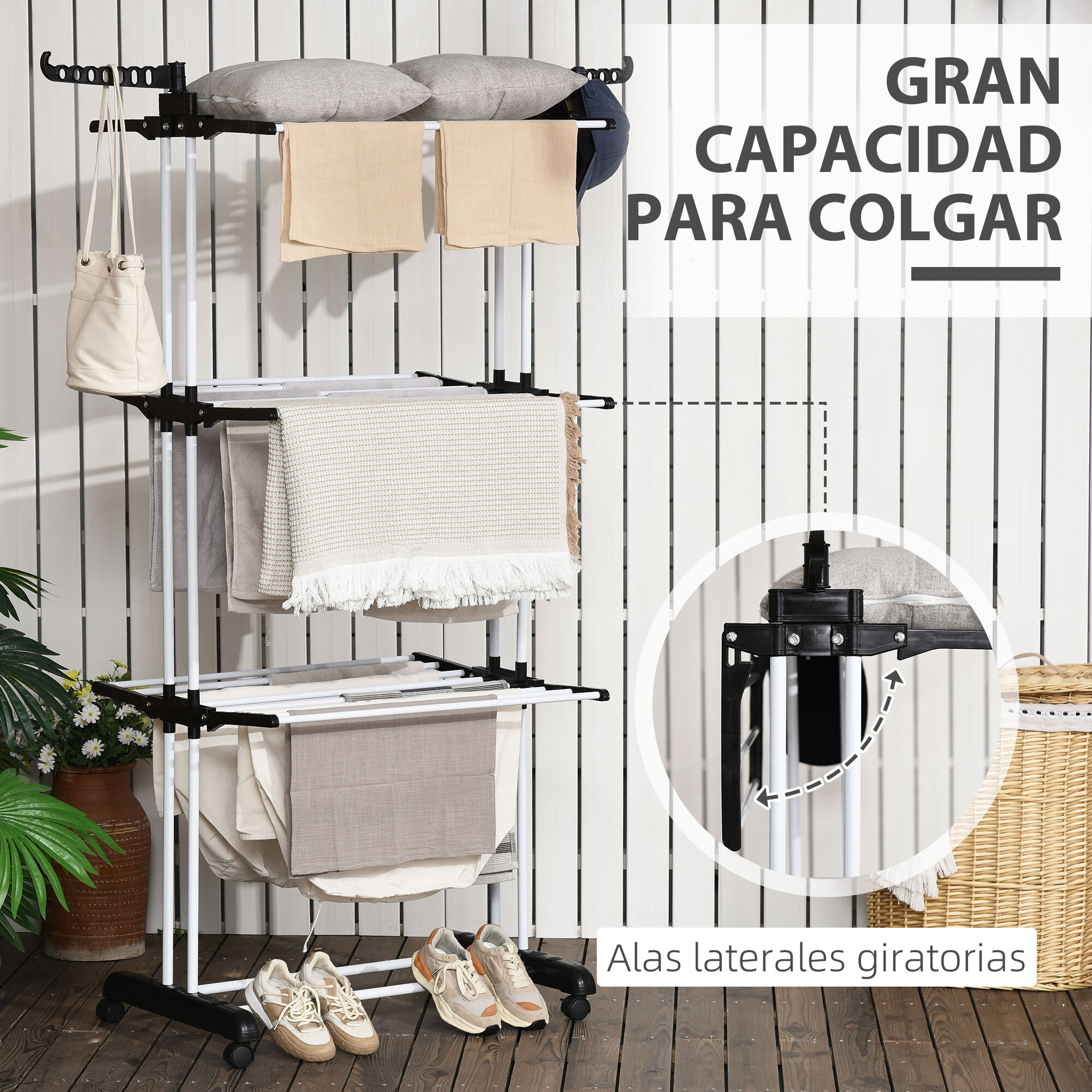 HOMCOM Tendedero Plegable para Ropa con Ruedas Tendedero Vertical de Acero Tipo Torre de 3 Niveles con Alas Plegables y Colgadores Giratorios Carga 70 kg 73x64x177 cm Negro y Blanco