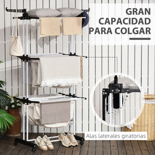 HOMCOM Tendedero Plegable para Ropa con Ruedas Tendedero Vertical de Acero Tipo Torre de 3 Niveles con Alas Plegables y Colgadores Giratorios Carga 70 kg 73x64x177 cm Negro y Blanco