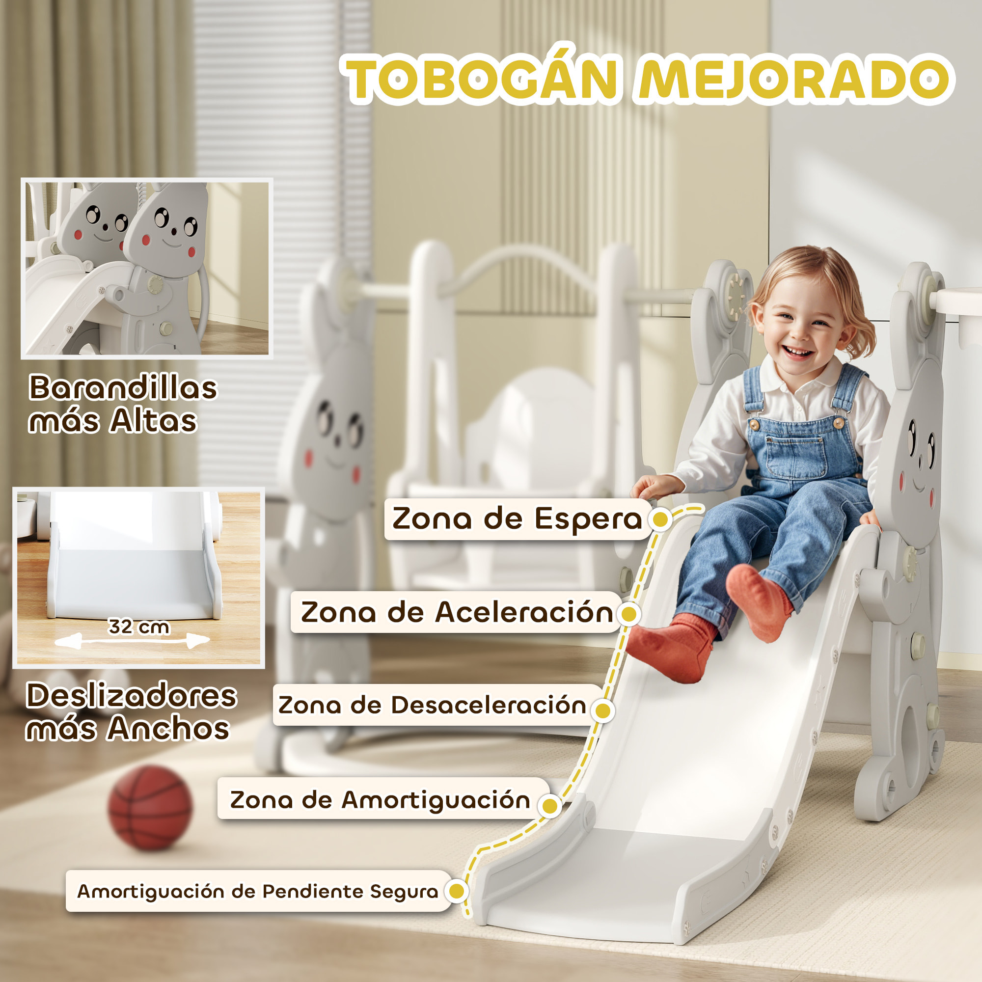 Tobogán Infantil 4 en 1 Columpio y Tobogán Trepador Aro de Baloncesto Temática de Conejo Parque Infantil para Interior y Exterior Gris y Blanco