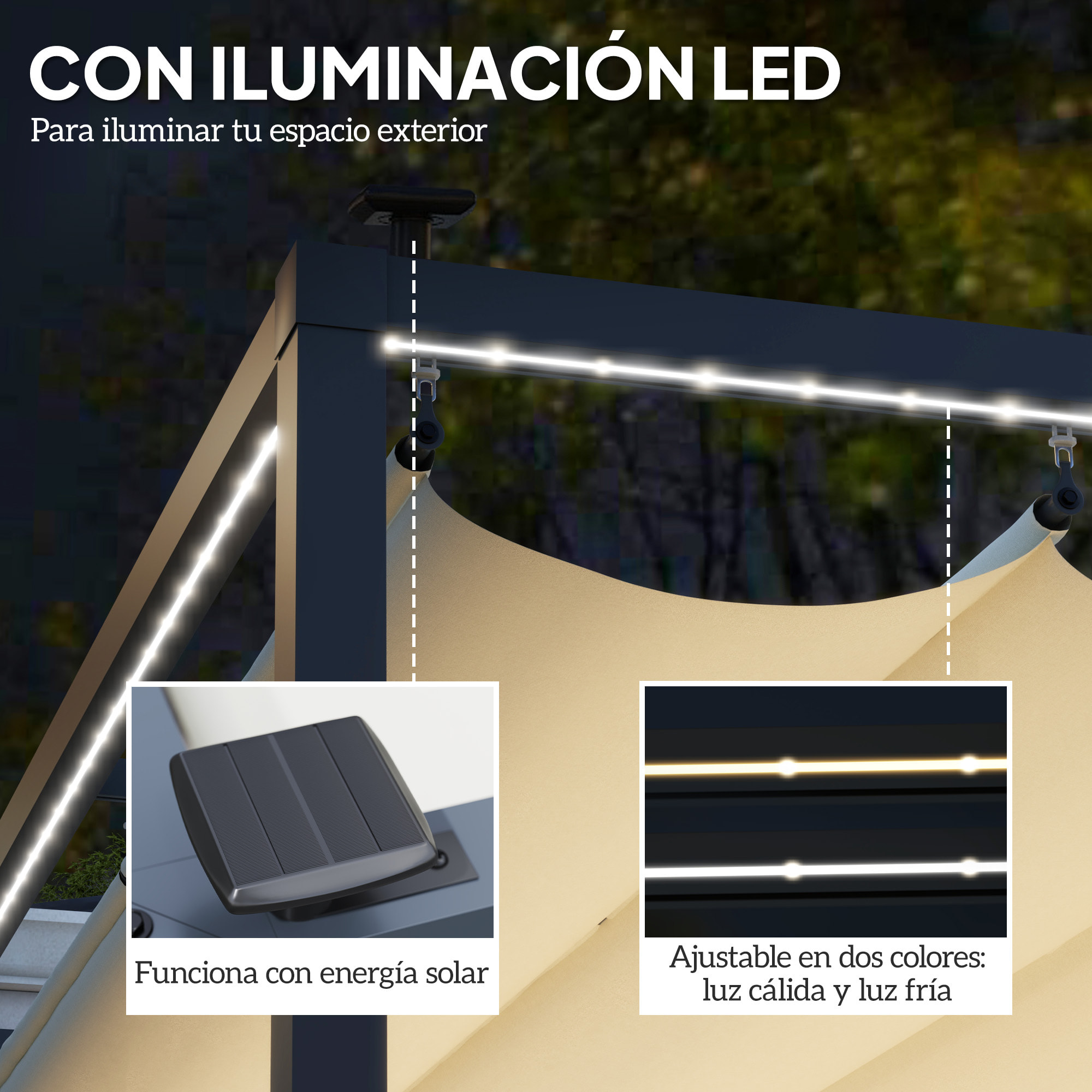 Pérgola de Aluminio con Luces LED 4x3 m Cenador de Jardín Gazebo con Solares Techo Retráctil Impermeable Anti-UV Pabellón para Patio Terraza Crema y Gris