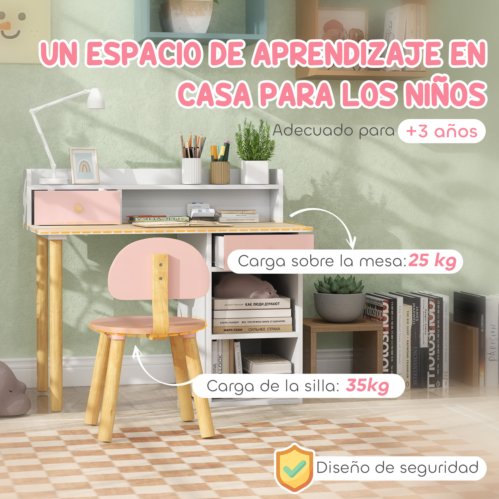 Juego de Escritorio y Silla para Niños de +3 Años Pupitre Infantil con Cajones Compartimento y Estantes para Dormitorio Sala Estudio Rosa y Blanco