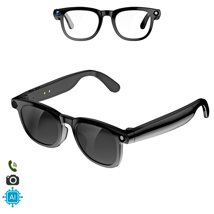 Gafas inteligentes CY01. Con cámara para fotos y videos de 8 MPX, traductor AI en tiempo real y control de música/llamadas. 2 tipos de lentes, transparentes y oscuras.