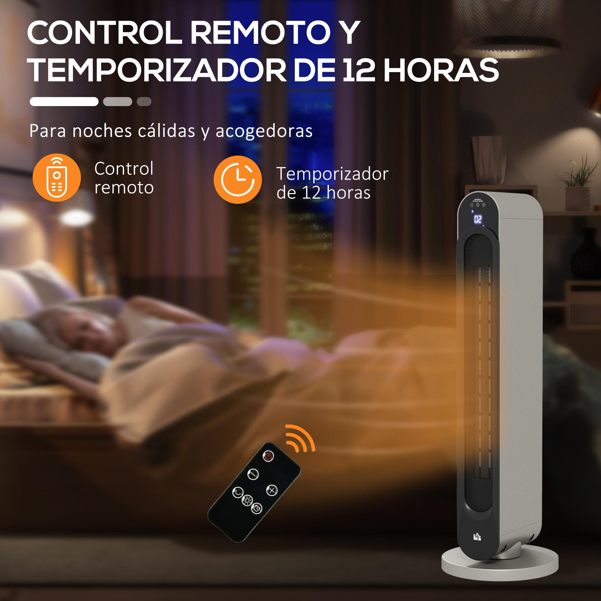 Calefactor Cerámico de Torre 1100/2200W Calentador Vertical con Mando a Distancia Pantalla LED Temporizador de 12H Termostato 3 Modos y Oscilación para 20-25 m² Ø25x73,5 cm Plata y Negro