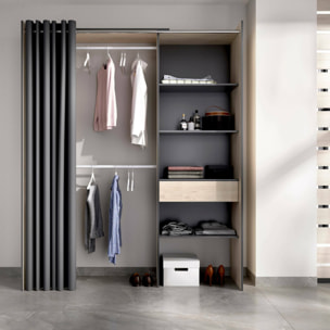 Guardaroba grande Arim, Struttura per cabina armadio con tenda, Mobile appendiabiti aperto, 160x50h205 cm, Rovere e Antracite