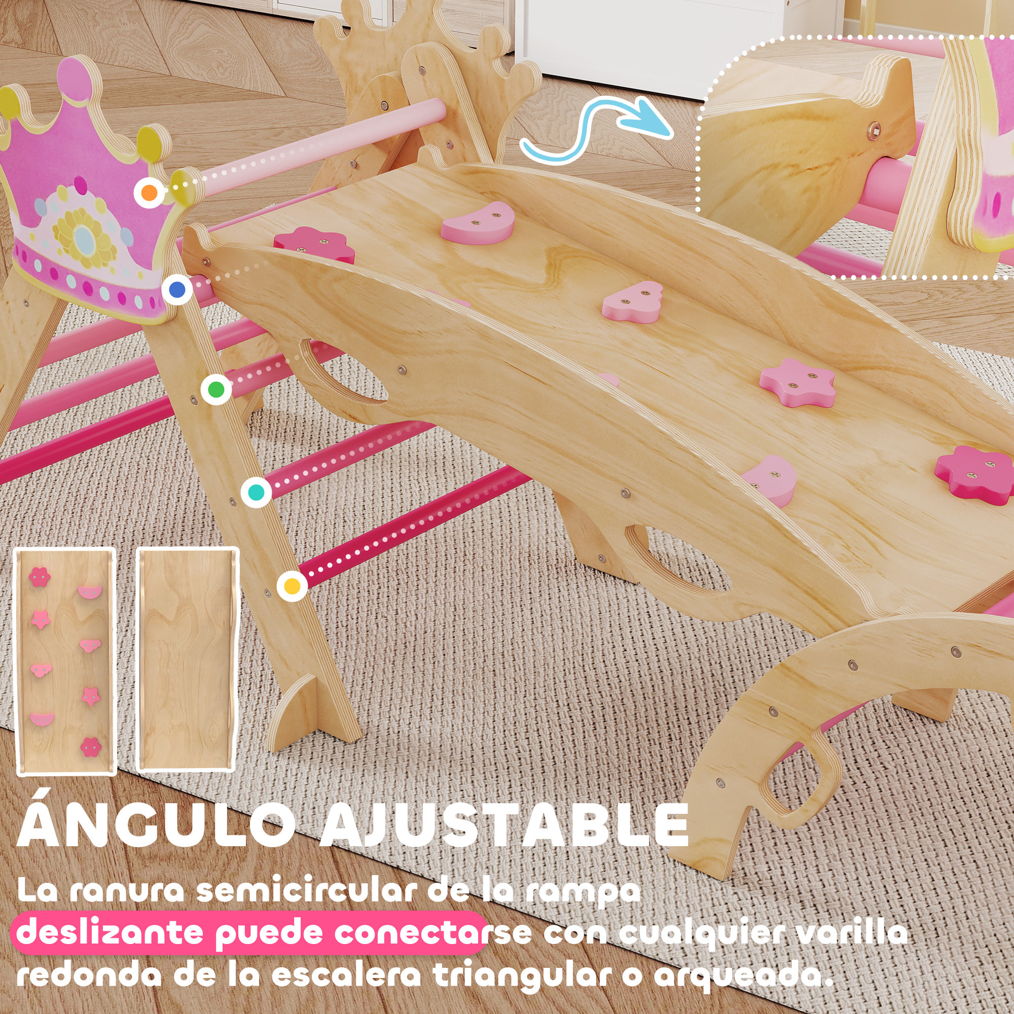 8 en 1 Triángulo de Escalada de Madera, Estructura de Escalada Montessori, Tema de Corona, con Arco y Rampa para Deslizarse o Escalar, para Niños de 18-48 Meses, Interiores, Rosa