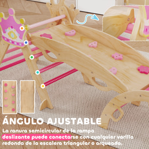 8 en 1 Triángulo de Escalada de Madera, Estructura de Escalada Montessori, Tema de Corona, con Arco y Rampa para Deslizarse o Escalar, para Niños de 18-48 Meses, Interiores, Rosa