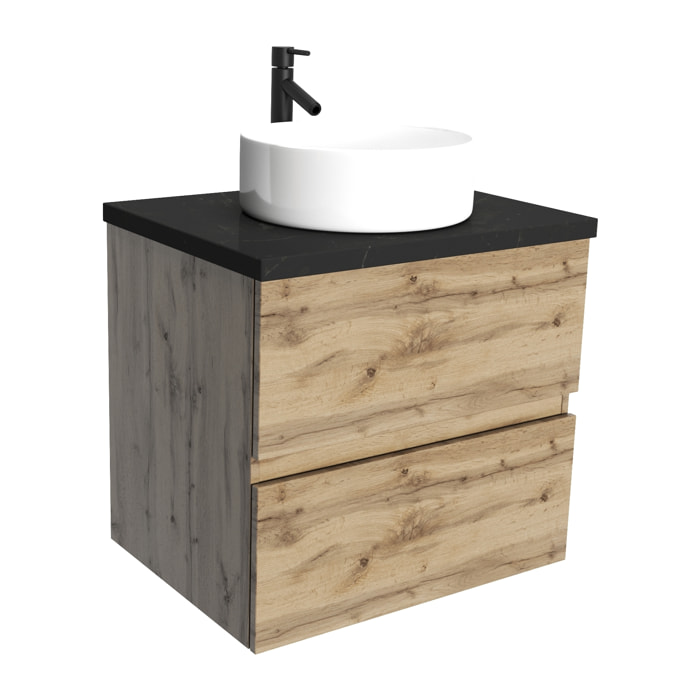 Meuble salle de bains 60cm Chêne Naturel 2 Tiroirs - Plan Effet Marbre Noir + Vasque Ronde Blanche