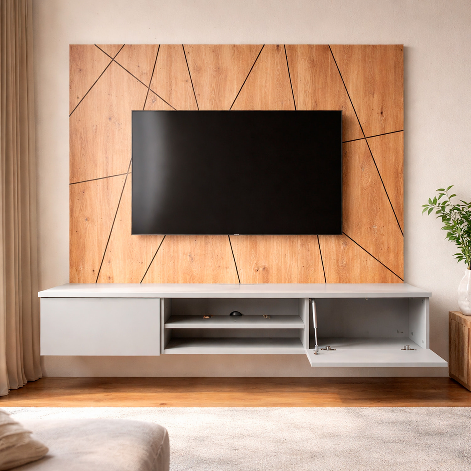 Parete Attrezzata Moderna Per Tv Con Pannello Design Geometrico 2 Ante Ribalta  E 1 Vano A Giorno Mobile 160 x 35 x 148 Cm Grigio E Rovere