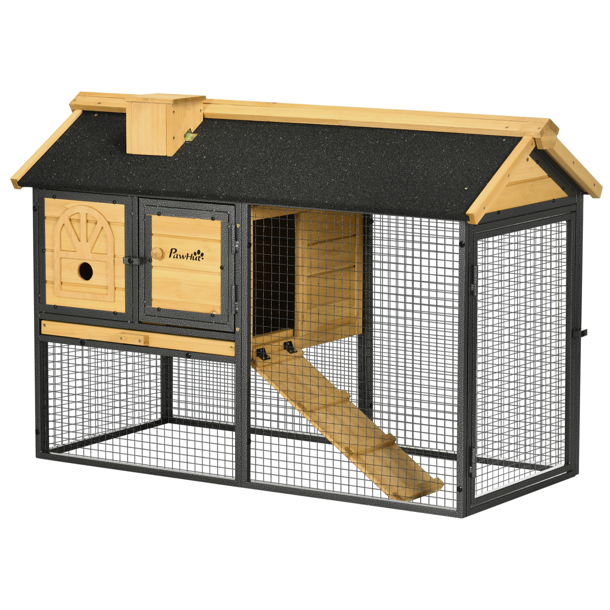 Conejera de Madera de 2 Niveles Jaula para Conejos con Zona Abierta Techo Asfáltico Bandeja Extraíble Puertas y Rampa Conejera para Exterior 120x55,5x80 cm Natural y Negro