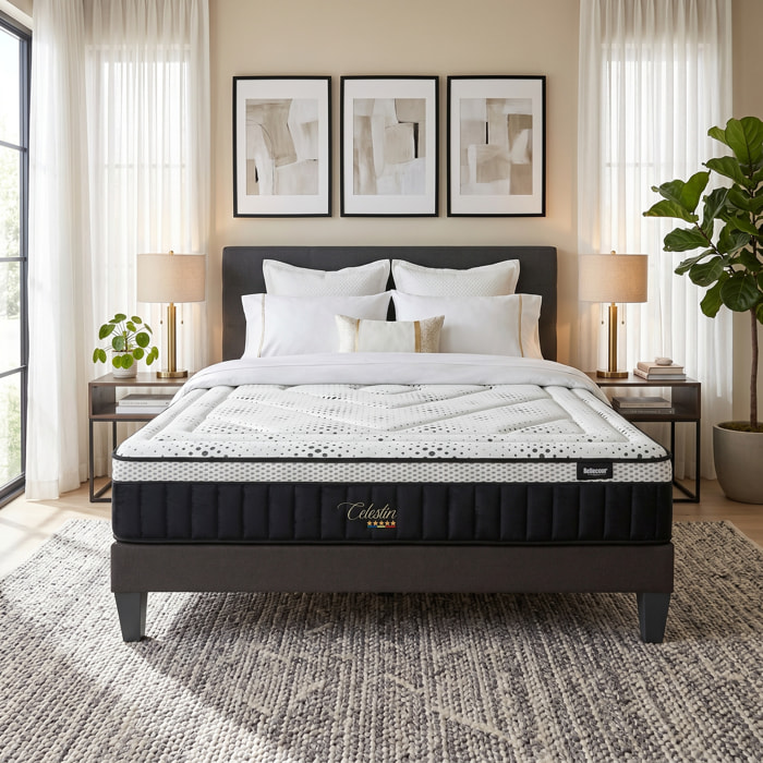 Ensemble Matelas Célestin & Sommier KIT15, 29 cm, Mémoire de Forme et Mousse Supersoft, Technologie tri-Lattes, Soutien Ferme