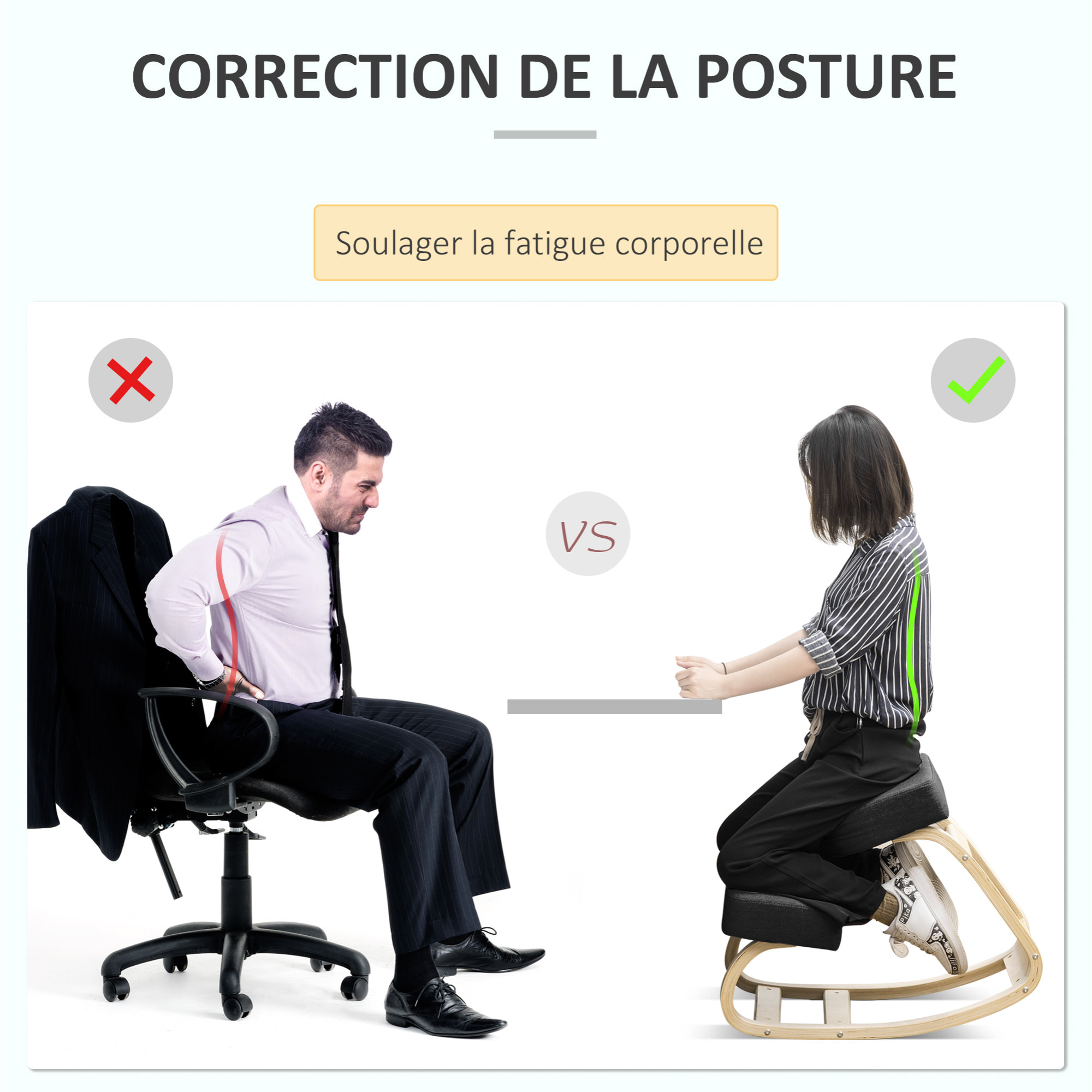 Tabouret ergonomique - siège assis à genoux - chaise à genoux grand confort - bois bouleau polyester noir
