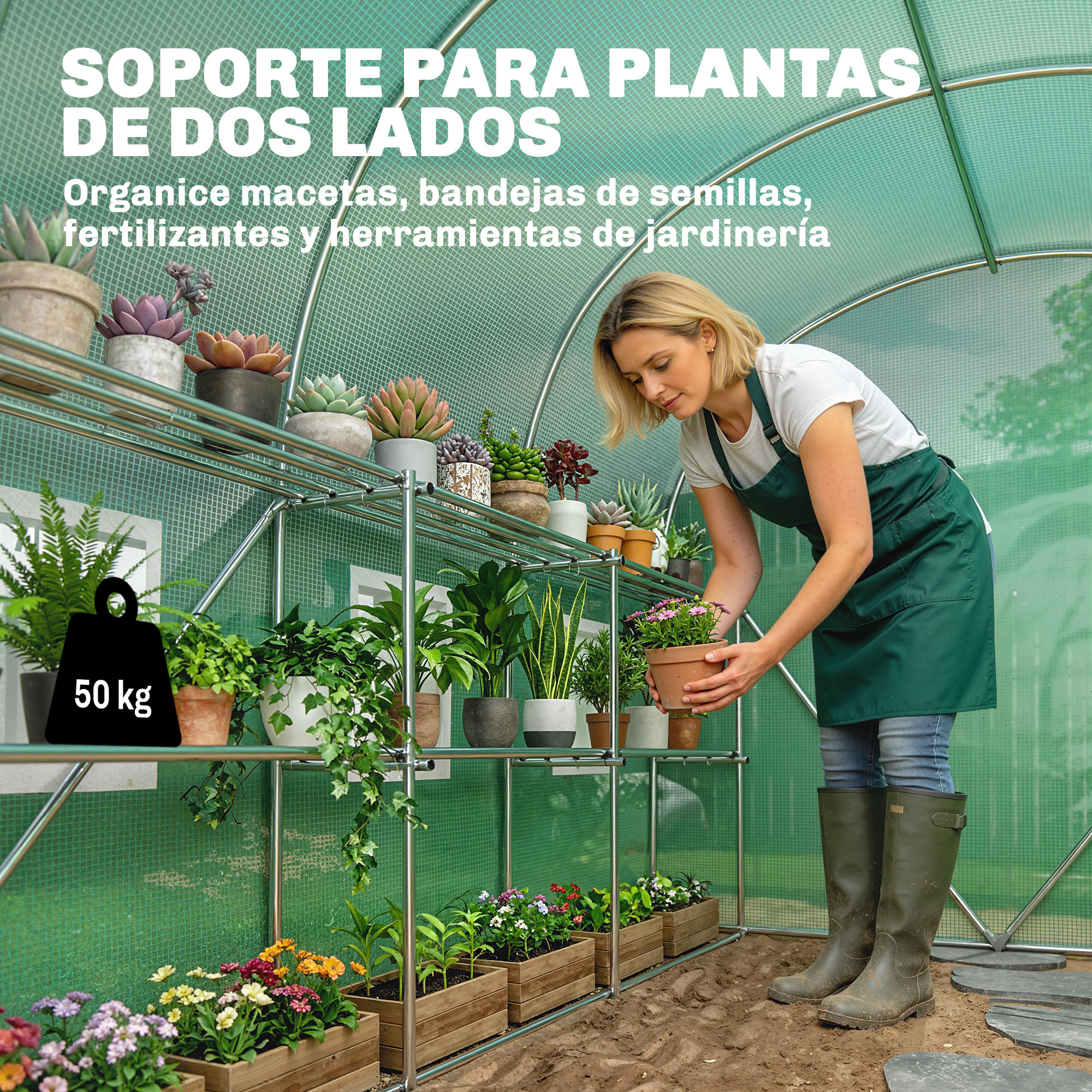 Invernadero de Exterior 2,8x2x1,9 m con Estantes, Invernadero de Túnel con Puerta Enrollable, 6 Ventanas de Malla, Cubierta PE y Marco de Acero Galvanizado, Anti-UV, Impermeable, Verde