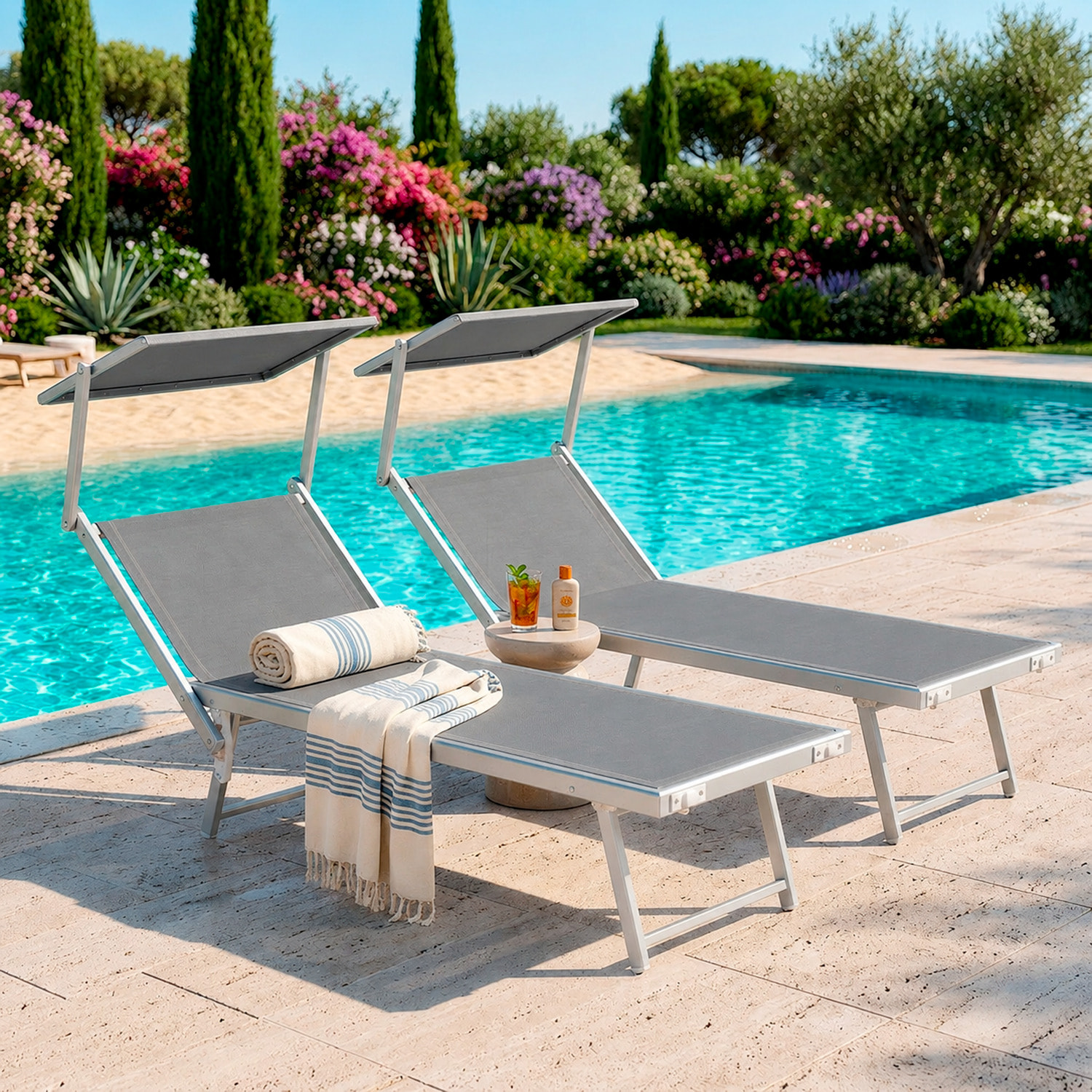 Coppia Di Lettini Prendisole Pieghevole Professionale in Alluminio e Tessuto Textilene Tettuccio Parasole Sdraio Mare Spiaggia 182x60x38 cm Grigio