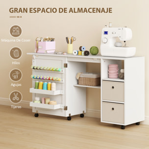 Mesa de Costura Plegable con 6 Ruedas, Mueble para Máquina de Coser con 18 Clavijas para Hilos, 2 Cajones de Tela, 3 Compartimentos, Tomas Corriente Armario de Costura para Estudio Salón Blanco