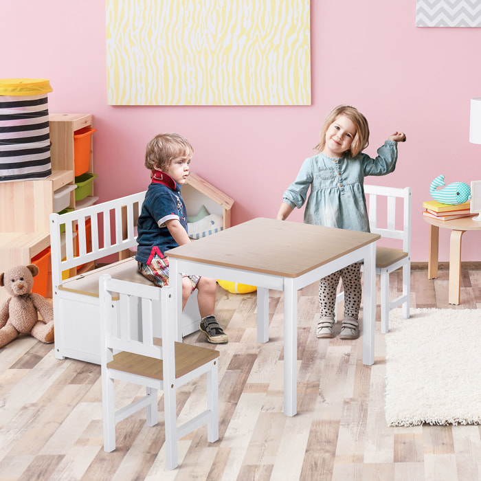 Conjunto de Mesa 2 Sillas y Banco para Niños de Madera con Espacio de Almacenamiento Muebles Infantiles para Sala de Juegos Habitación de Niños Blanco y Natural