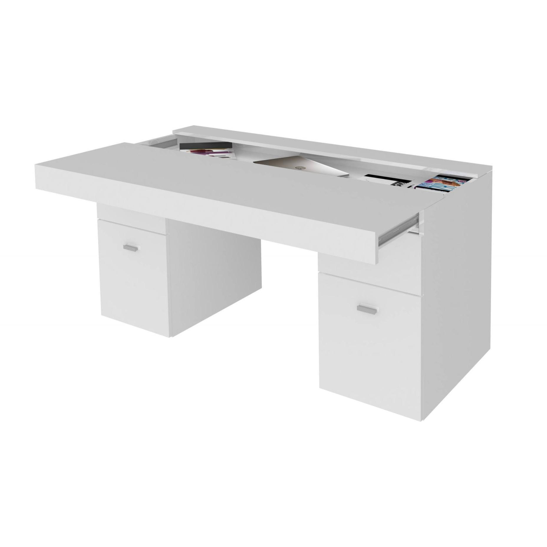 Scrivania per ufficio con cassettiera e piano contenitore, Made in Italy, Tavolo minimal, Scrittoio porta PC, cm 130x60h75, colore Bianco lucido