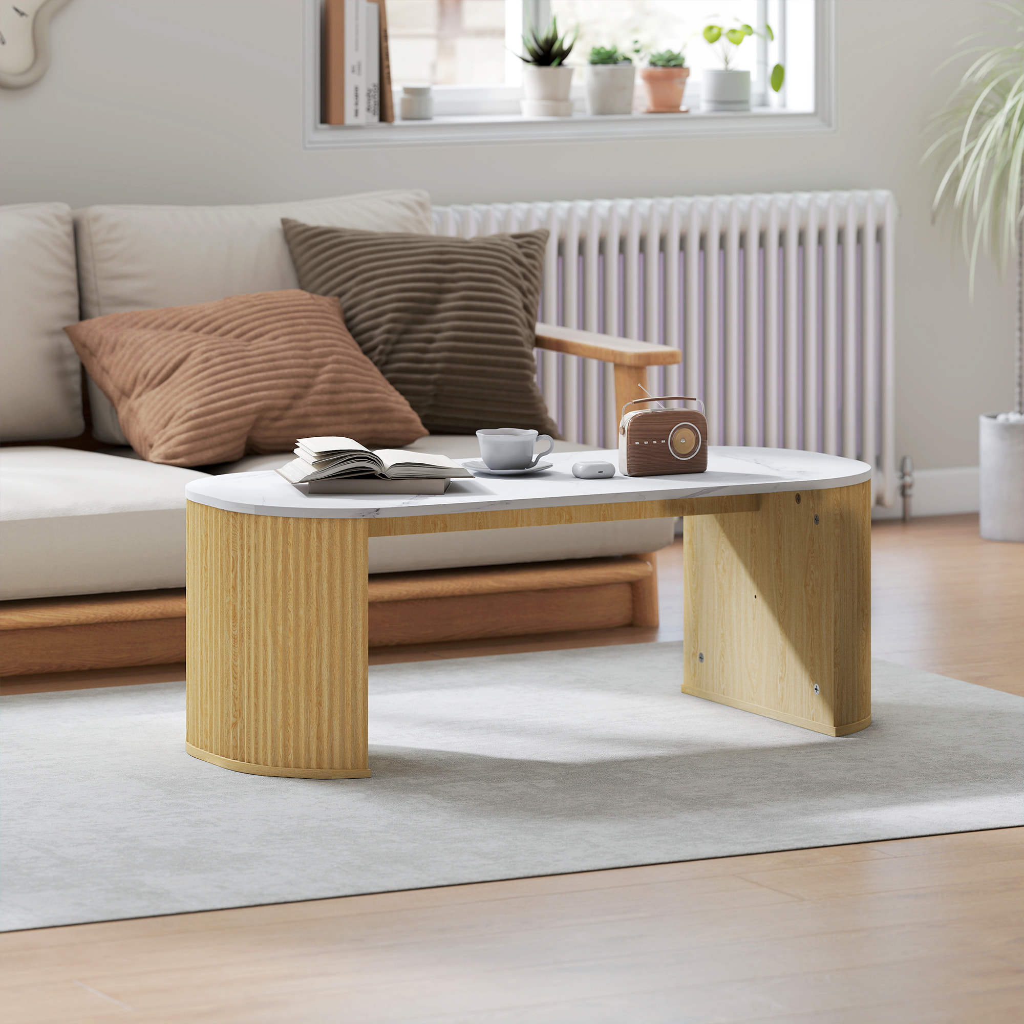 Table basse design ovale effet marbre blanc dim. 110 x 50 x 40 cm aspect bois clair