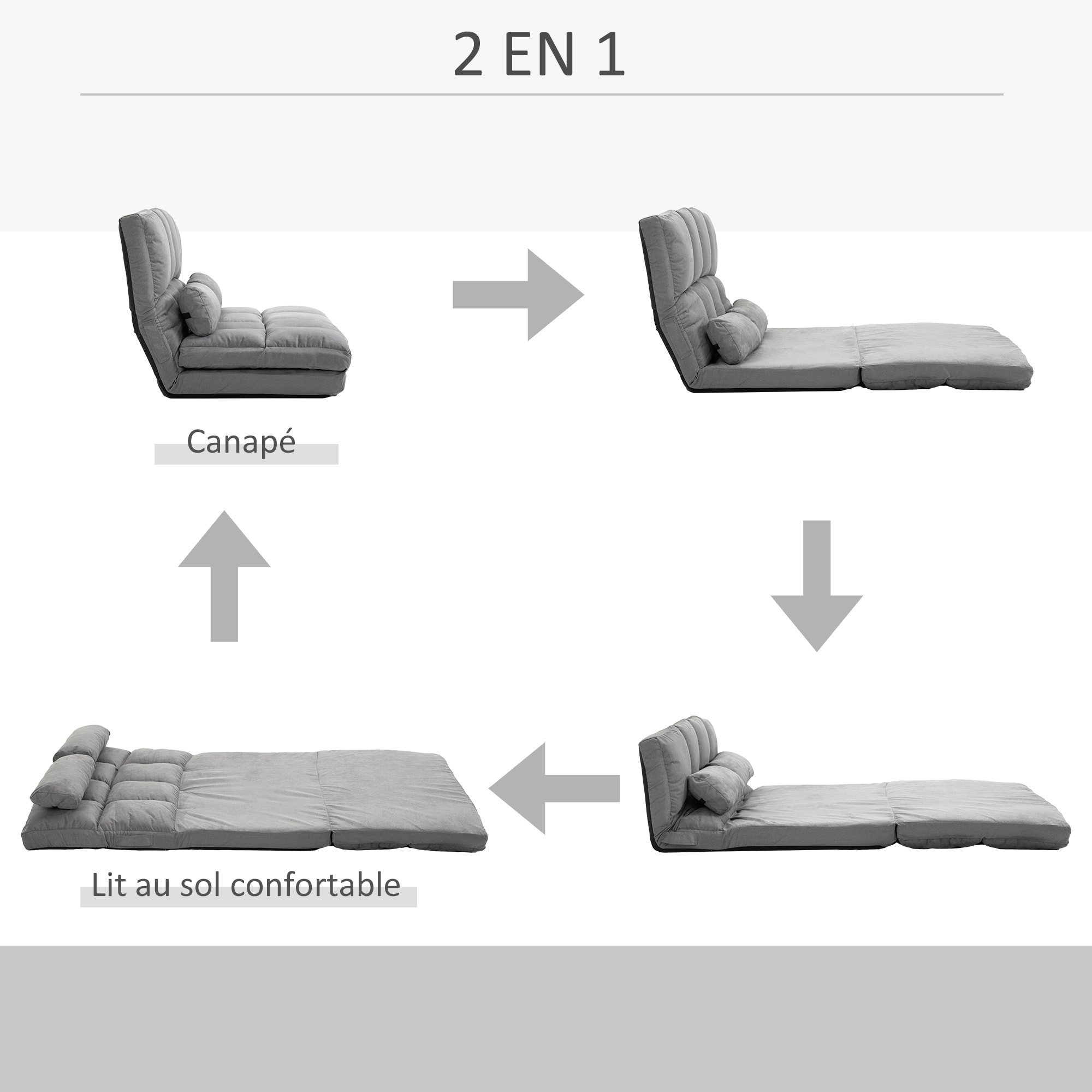 Chauffeuse - matelas d'appoint pliant - fauteuil convertible - inclinaison dossier réglable 14 positions - 2 coussins inclus - polyester aspect suédé gris