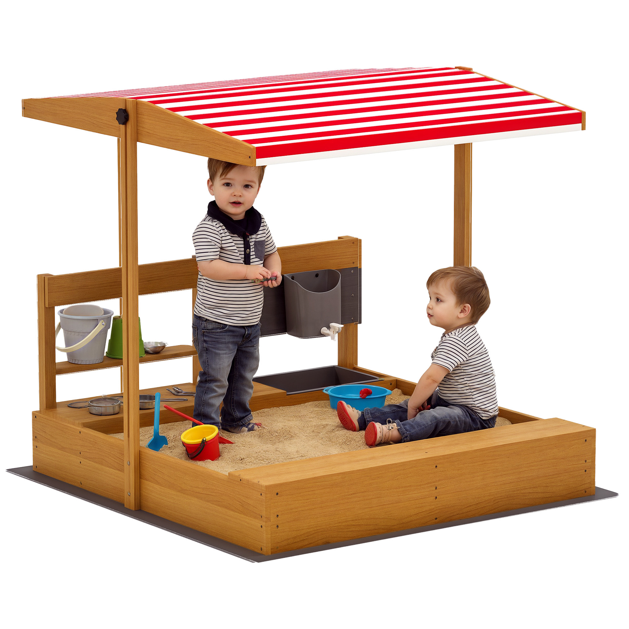Arenero para Niños de Madera con Techo Ajustable, Arenero Infantil con Juguetes de Cocina, Estante y 2 Asientos, Juego para Niños de 3-7 Años, para Patio, Jardín, 114x110x110 cm, Marrón