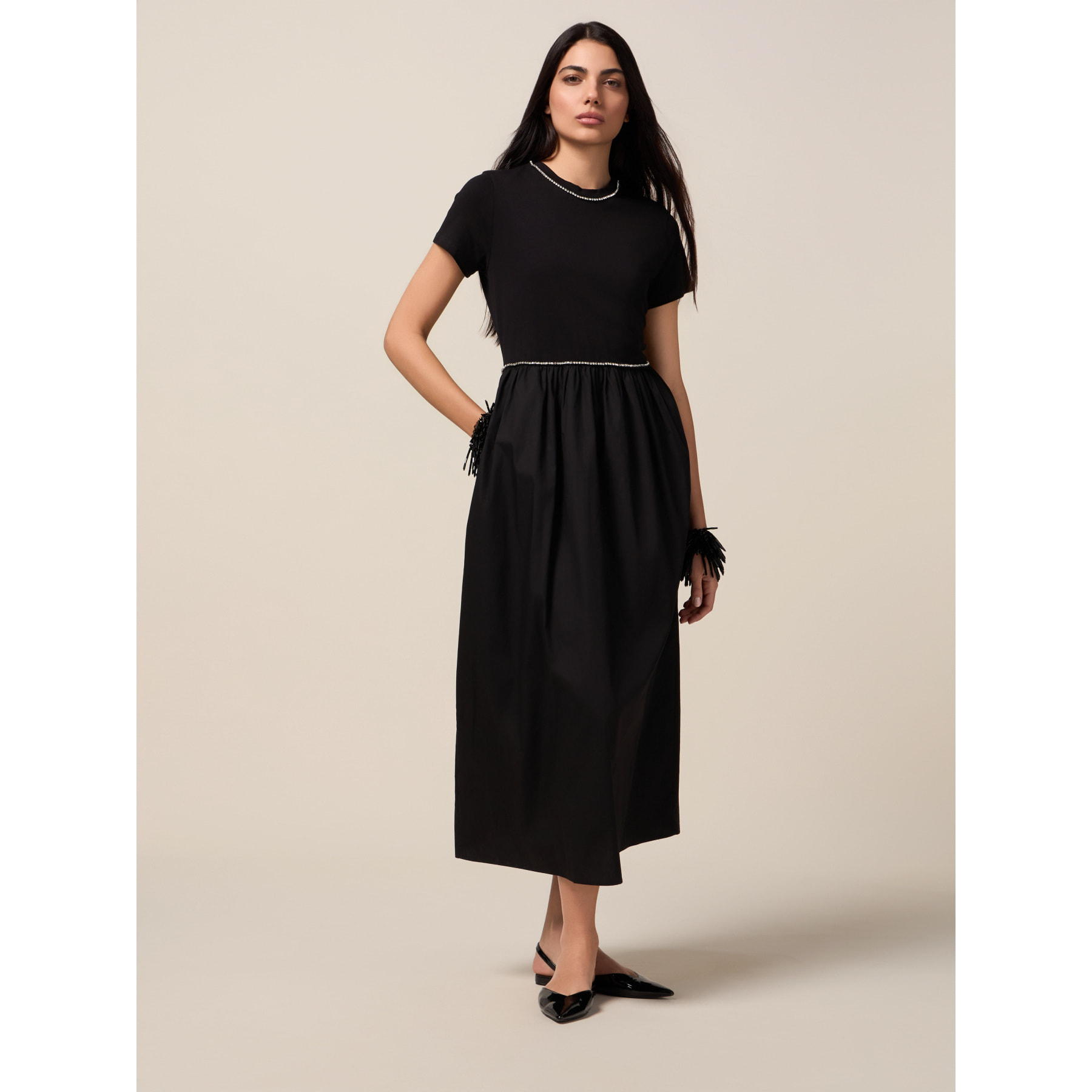 Oltre - Vestido de dos materiales con estrás - Negro