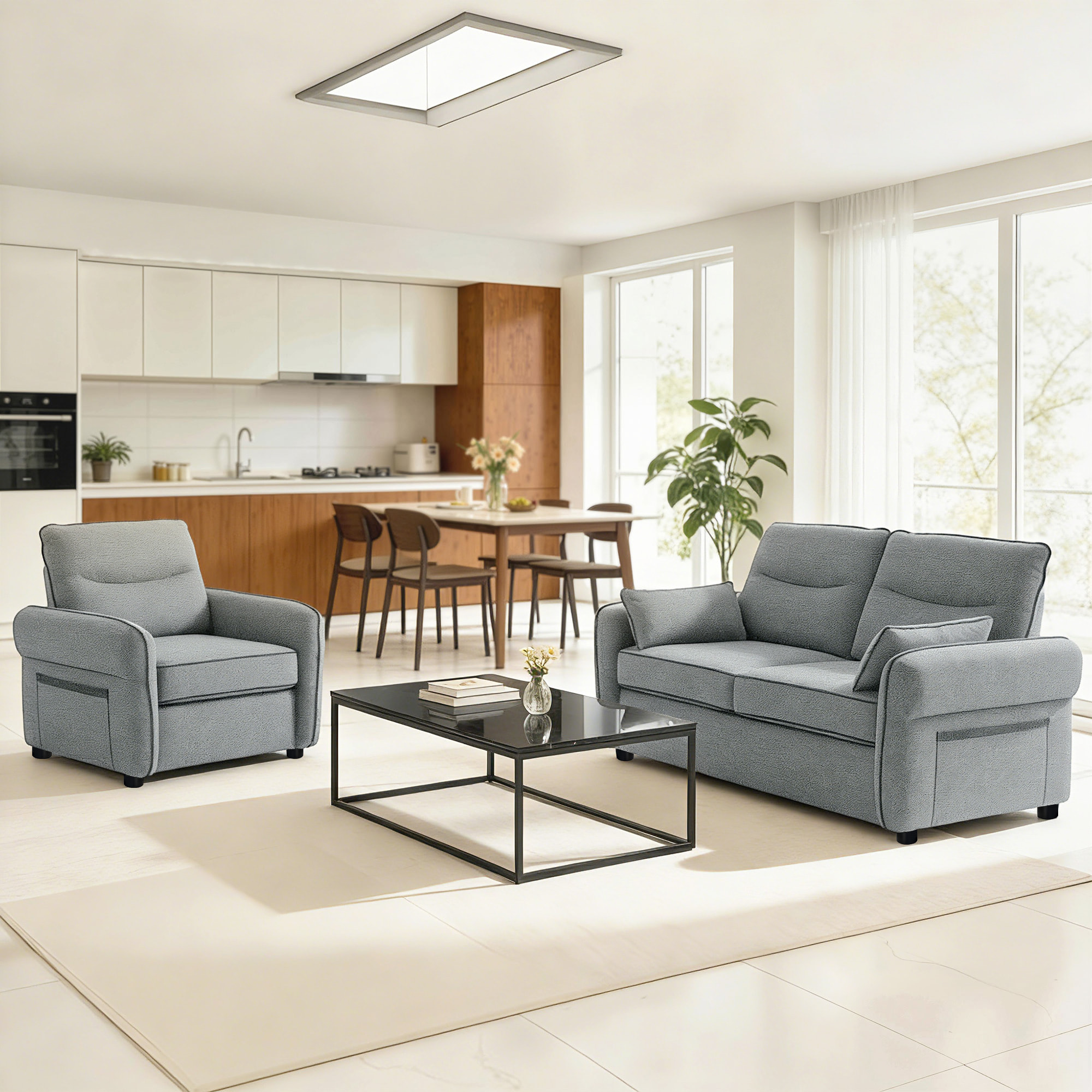 Fauteuil moderne haut dossier grand confort poche rangement velours gris