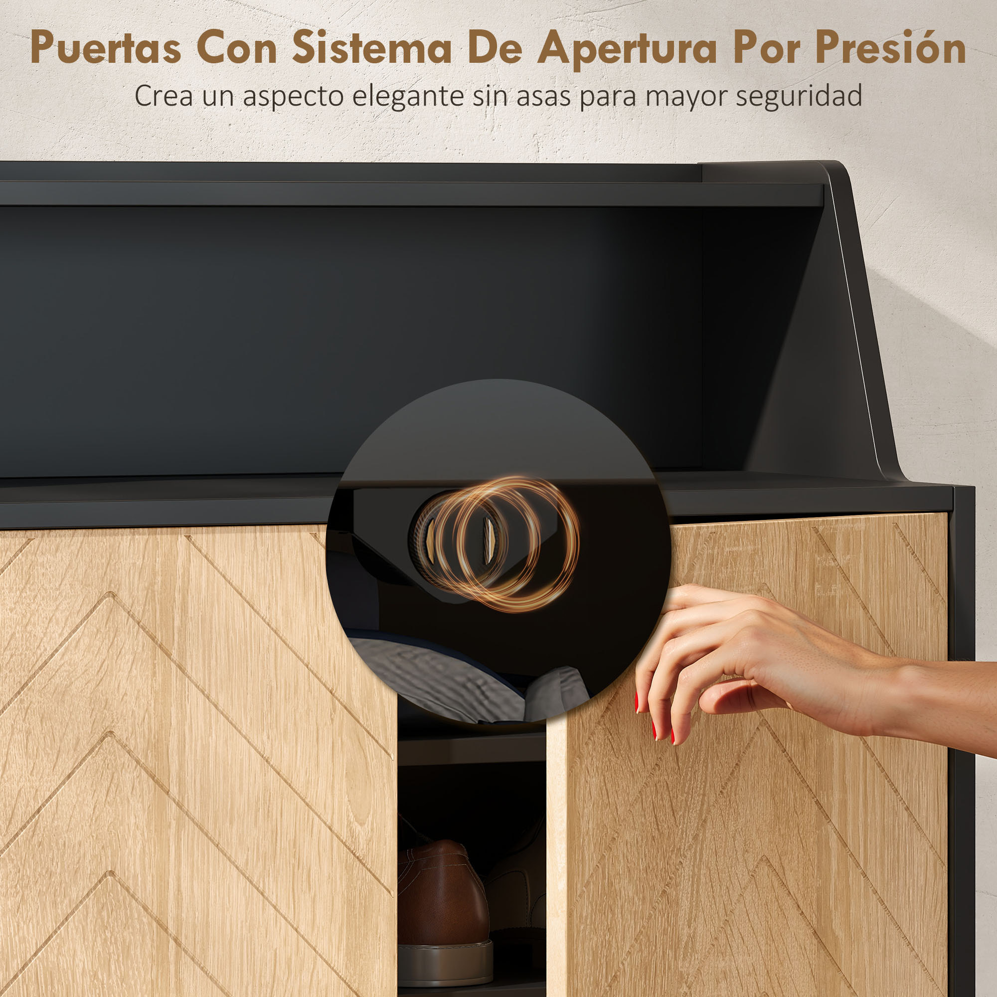 Zapatero de 2 Puertas en Espiga, Zapatero Entrada Recibidor con Estantes Ajustables, Compartimento Abierto y Patas de Madera, para 15 Pares de Zapatos, 75x35x104 cm, Negro y Natural