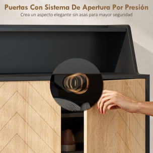 Zapatero de 2 Puertas en Espiga, Zapatero Entrada Recibidor con Estantes Ajustables, Compartimento Abierto y Patas de Madera, para 15 Pares de Zapatos, 75x35x104 cm, Negro y Natural