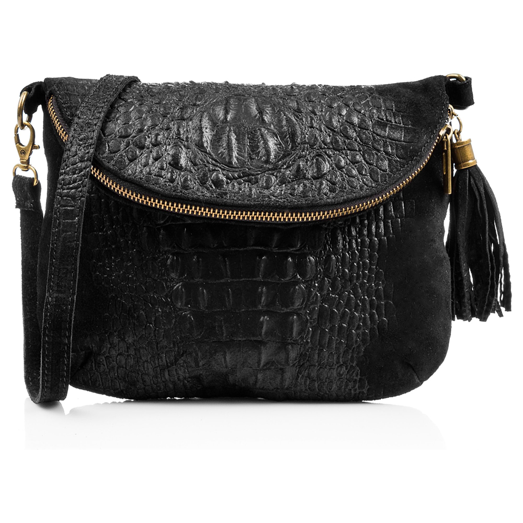 Borsa a tracolla da donna Cenerente. Vera pelle scamosciata con stampa coccodrillo.