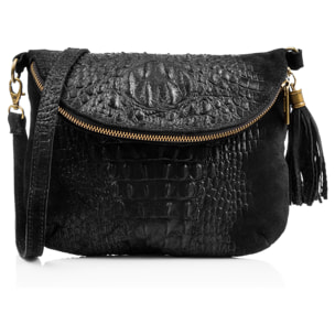Borsa a tracolla da donna Cenerente. Vera pelle scamosciata con stampa coccodrillo.