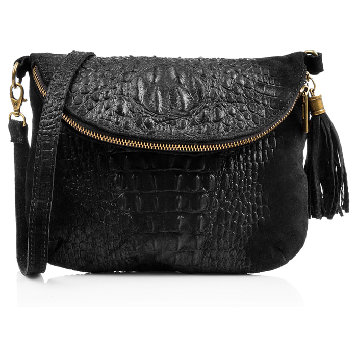 Borsa a tracolla da donna Cenerente. Vera pelle scamosciata con stampa coccodrillo.