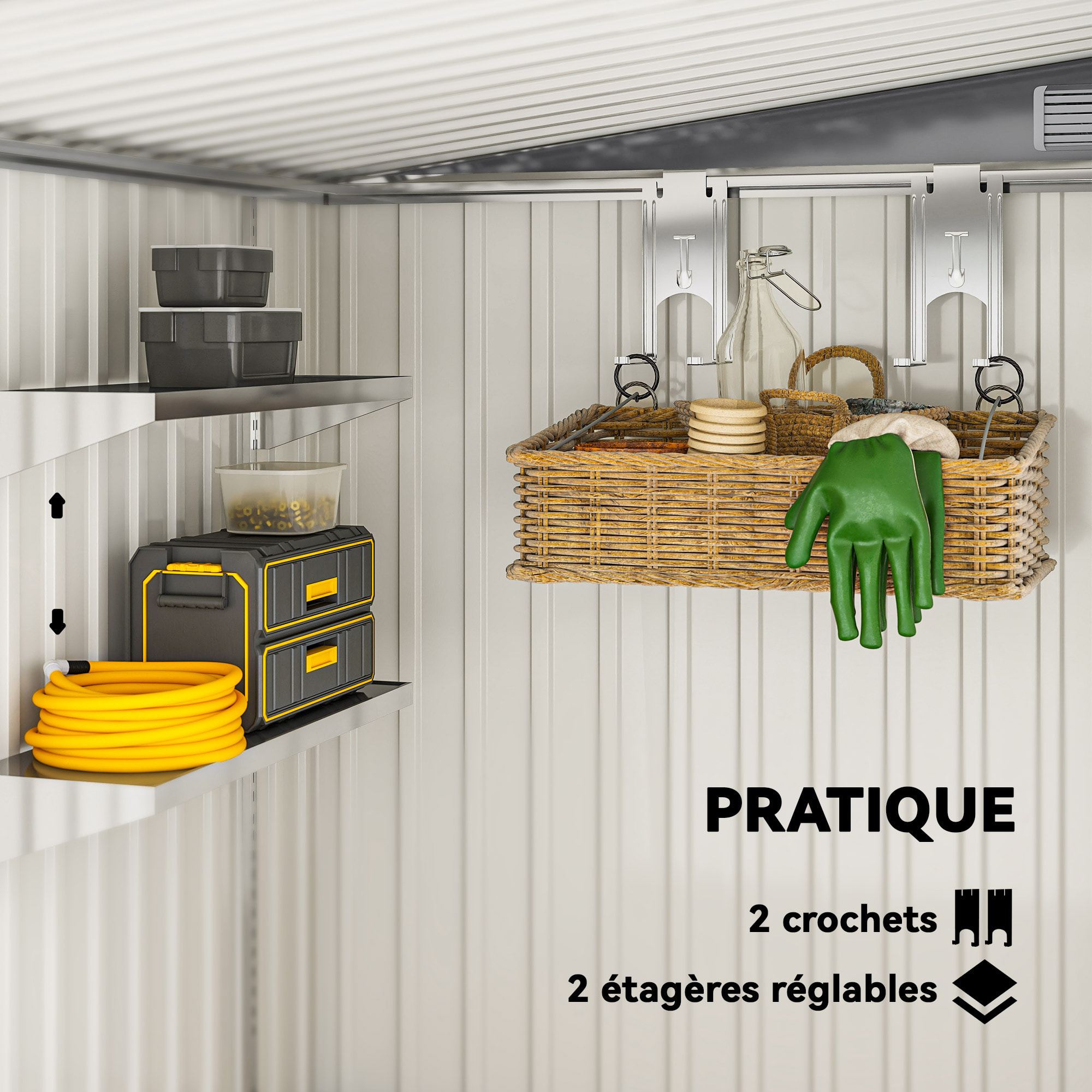 Abri de jardin métal cabanon 2,81 m² dim. 2,06x1,54x1,6/1,81Hm - porte, 2 étagères, 2 crochets, fondation incluse - acier gris