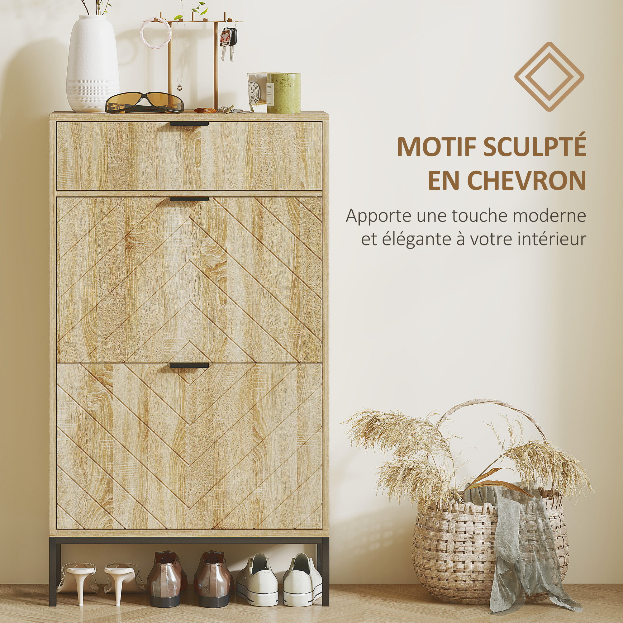 Meuble à chaussures design sur pied - 2 portes, tiroir coulissant - acier noir effet bois