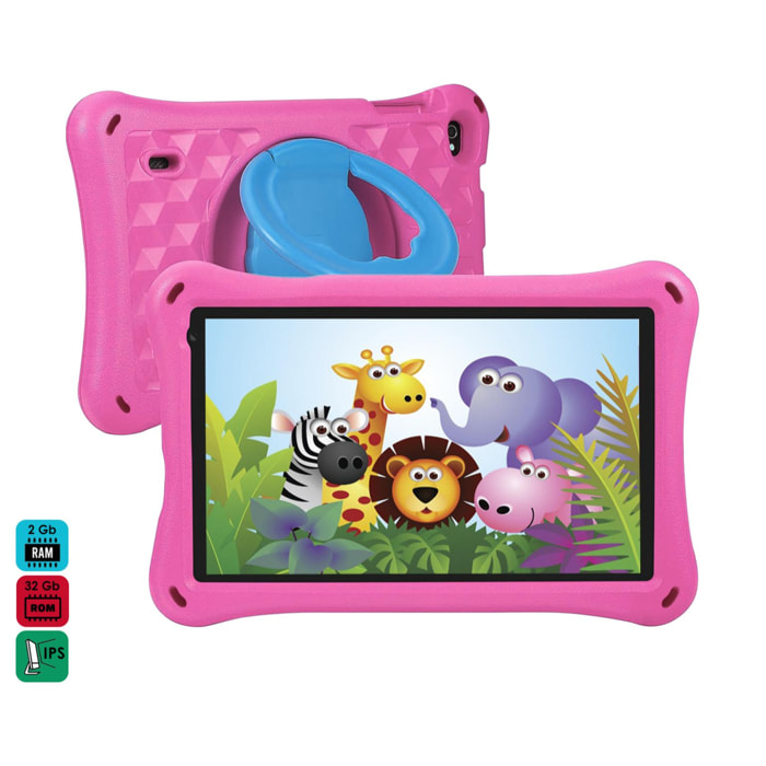 DAM Tablet Infantil K714 WiFi. SO Android 11. Pantalla 7'' 1024x600px. A133 Quad Core 1,6GHz, 2GB RAM + 32GB. Doble cámara. 22x3,4x14,8 Cm. Color: Rosa